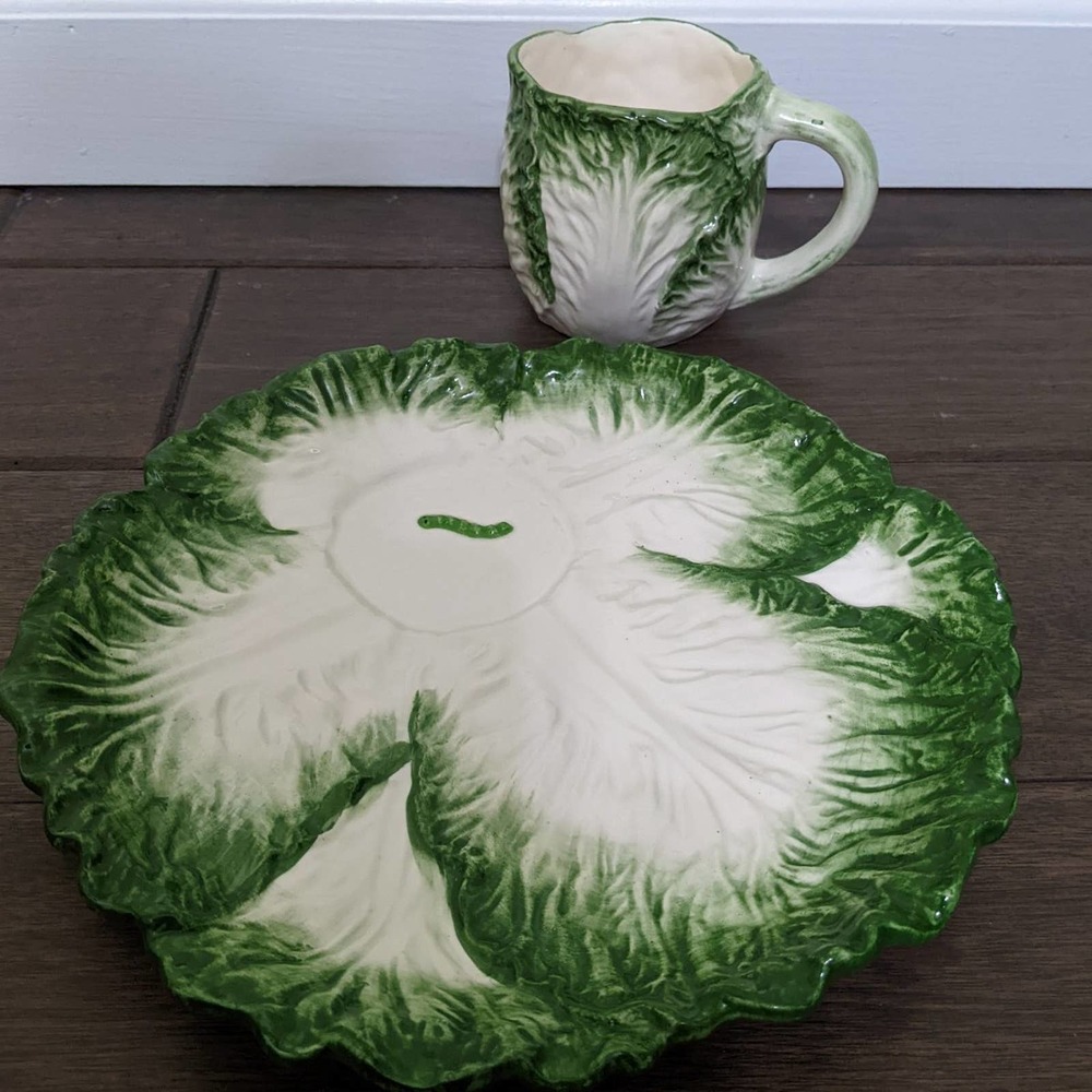 New OCI Omnibus cabbage leaf snack plate mug set caterpillar cute Fitz floyd